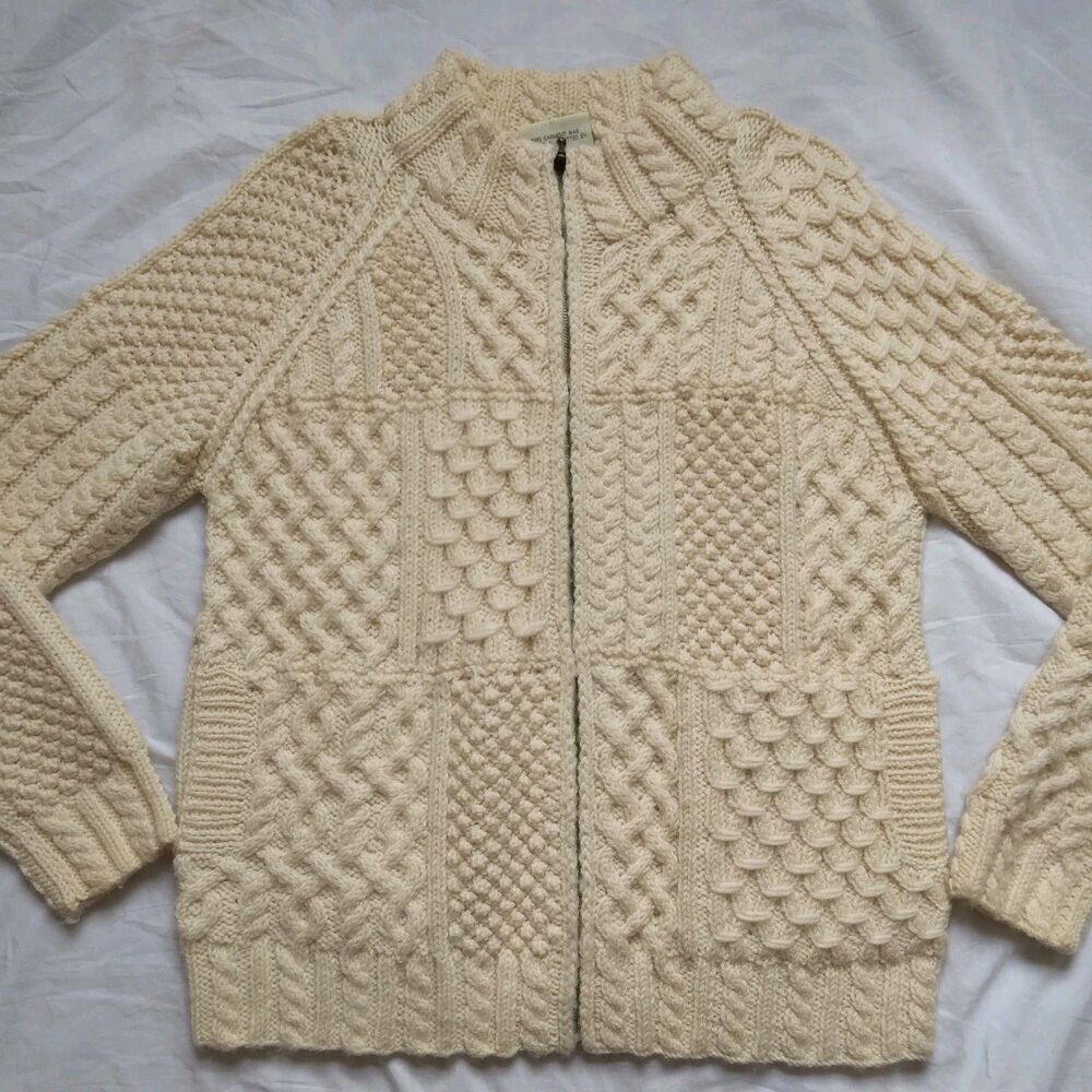 Carraig Donn Fisherman Sweater Cream Cable Knit Wool Ireland Zip Womens Medium - Picture 2 of 14